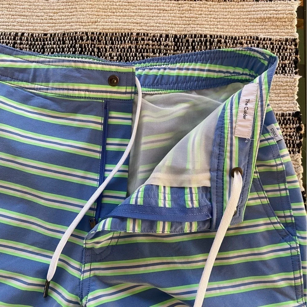 Onia Blue Green White Stripe The Calder Swim Shorts Trunks Small